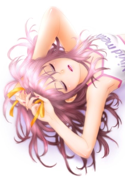 Anime picture 1121x1600 with original toshiki yui single long hair tall image blush open mouth simple background white background bare shoulders purple hair eyes closed nail polish light smile lips armpit (armpits) on back adjusting hair clothes writing makeup