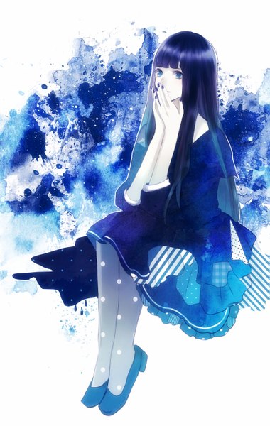 Anime picture 863x1362 with original parel (artist) single long hair tall image fringe blue eyes simple background white background sitting blue hair nail polish striped polka dot hand to mouth girl dress pantyhose paint polka dot legwear