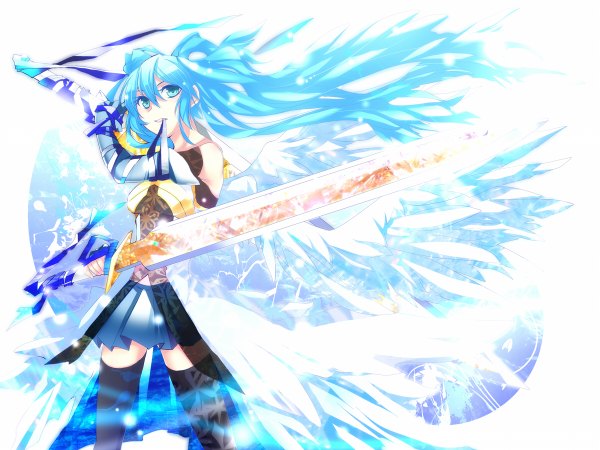Anime picture 1200x900 with vocaloid hatsune miku haru aki single long hair twintails blue hair aqua eyes mouth hold girl thighhighs skirt black thighhighs miniskirt sword bandage (bandages)