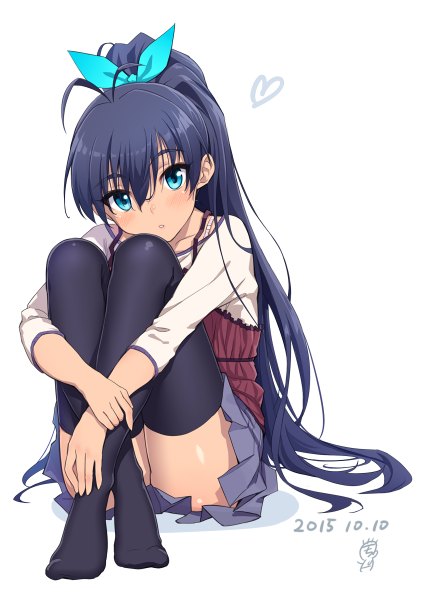 Anime picture 844x1200 with idolmaster ganaha hibiki mofu single tall image looking at viewer blush fringe blue eyes simple background white background sitting signed purple hair bent knee (knees) ponytail very long hair head tilt pleated skirt :o