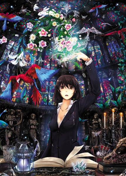Anime picture 1072x1500 with tana (garyuh-chitai) tall image short hair black hair brown eyes girl flower (flowers) animal glasses bird (birds) pendant book (books) skull bunny candle (candles) statue