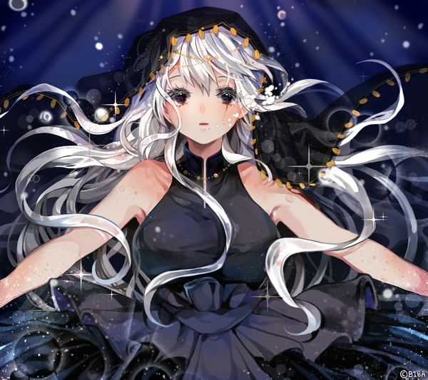 Anime picture 2384x2119 with original biba single long hair looking at viewer blush fringe highres breasts large breasts signed white hair parted lips black eyes sparkle sleeveless spread arms underwater girl dress