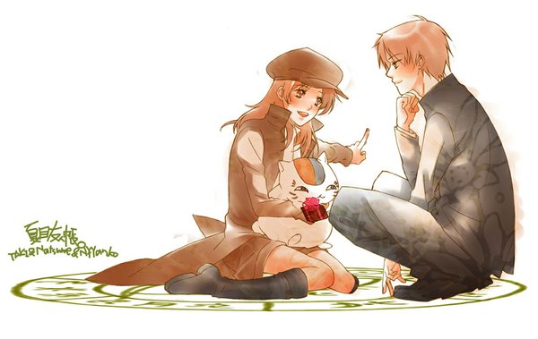 Anime picture 1024x648 with natsume yuujinchou brains base (studio) natsume takashi madara (nyanko-sensei) taki tooru kiki (pixiv89866) long hair short hair open mouth smile brown hair sitting brown eyes profile hug squat girl boy uniform school uniform