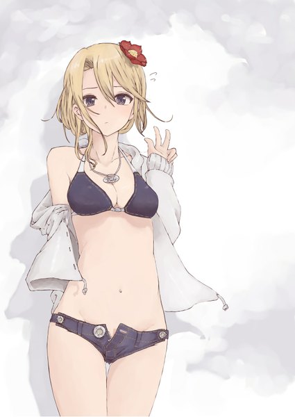 Anime picture 1254x1771 with original rutchifu single tall image looking at viewer fringe short hair breasts light erotic blonde hair large breasts standing hair flower black eyes grey background open clothes shadow victory arm behind back open shorts