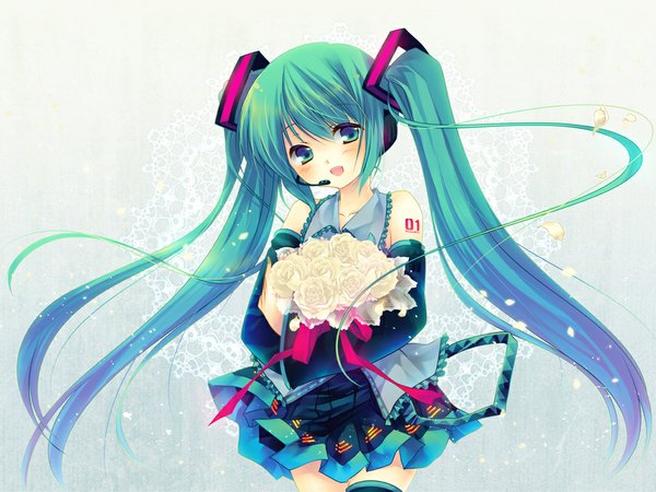 Anime picture 1024x768 with vocaloid hatsune miku shinia single long hair blush open mouth smile twintails bare shoulders green eyes green hair tattoo girl thighhighs skirt flower (flowers) bow ribbon (ribbons) detached sleeves