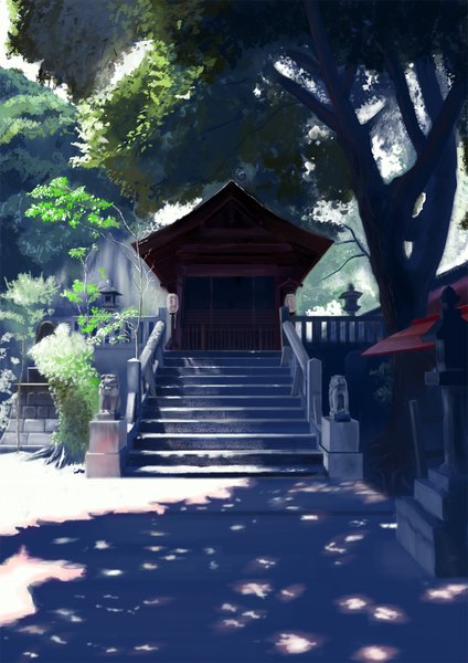 Anime picture 1280x1811 with original peko (akibakeisena) tall image shadow no people landscape plant (plants) tree (trees) stairs shrine