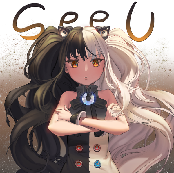 Anime picture 1008x1000 with vocaloid seeu hyoin single long hair looking at viewer fringe black hair simple background bare shoulders animal ears white hair multicolored hair inscription two-tone hair orange eyes two side up character names fake animal ears crossed arms