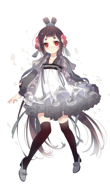 Anime picture 796x1360 with original miemia single long hair tall image blush black hair simple background smile red eyes white background hair flower girl thighhighs dress hair ornament flower (flowers) black thighhighs petals