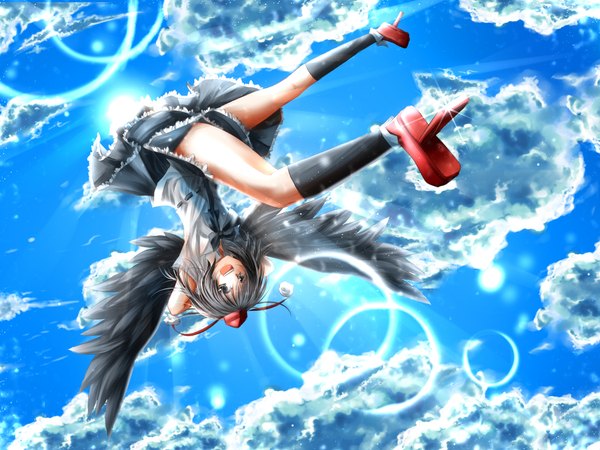 Anime picture 2000x1500 with touhou shameimaru aya asano tomoya (artist) highres black hair sky cloud (clouds) sunlight flying girl hat wings sun