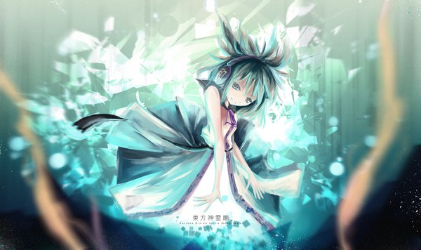 Anime picture 1400x832 with touhou toyosatomimi no miko arufa (hourai-sugar) single short hair wide image green eyes green hair girl dress headphones