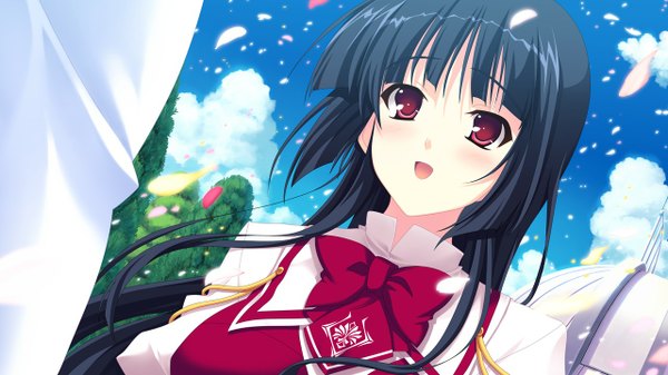 Anime picture 1280x720 with kimi wo aogi otome wa hime ni takamine kana long hair open mouth black hair red eyes wide image game cg girl serafuku