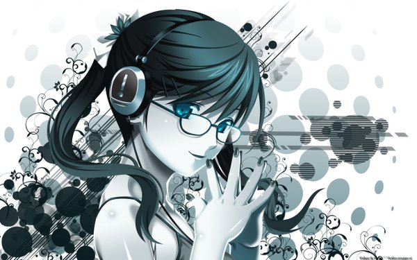 Anime picture 2560x1600 with koutaro single highres blue eyes black hair wide image nail polish girl hair ornament glasses headphones