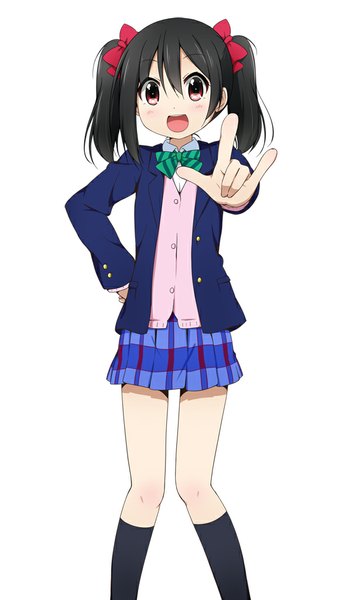 Anime picture 591x1024 with love live! school idol project sunrise (studio) love live! yazawa nico miyako hito single tall image looking at viewer blush short hair open mouth black hair simple background red eyes white background twintails hand on hip outstretched arm short twintails mmm