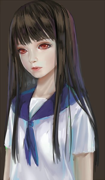 Anime picture 700x1196 with original nine wangwang single long hair tall image looking at viewer fringe black hair simple background red eyes lips girl