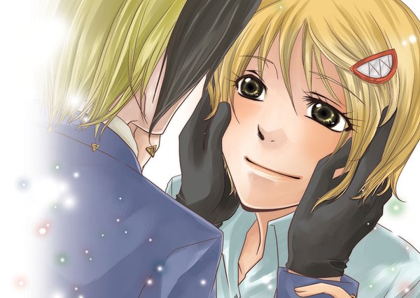 Anime picture 1400x996 with majin tantei nougami neuro neuro nougami katsuragi yako short hair blonde hair smile couple girl boy gloves