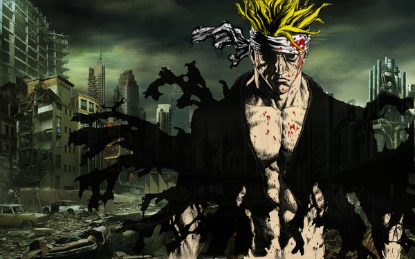 Anime picture 1680x1050 with sun-ken rock kitano ken single short hair blonde hair red eyes wide image torn clothes city destruction post-apocalyptic boy blood bandana
