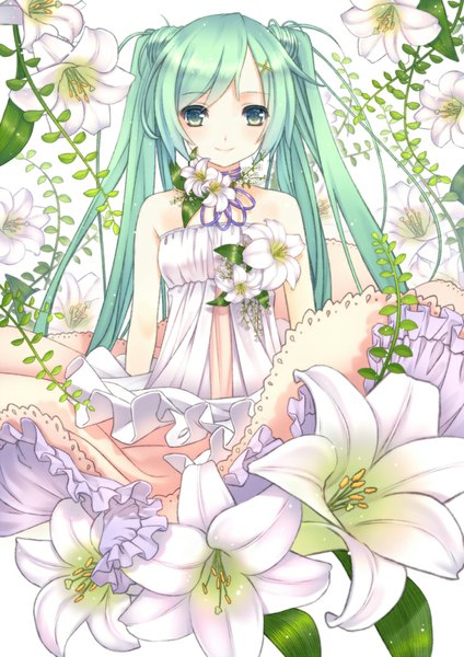 Anime picture 744x1052 with vocaloid hatsune miku nana mikoto single long hair tall image looking at viewer smile twintails bare shoulders green eyes very long hair green hair light smile girl dress skirt flower (flowers) sundress lily (flower)