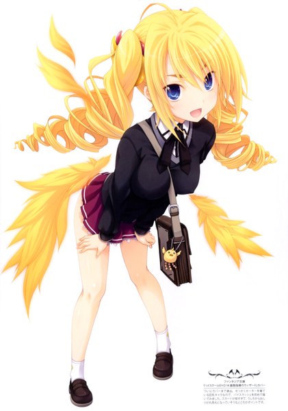 Anime picture 4893x6969 with highschool dxd ravel phenex miyama zero single long hair tall image looking at viewer highres open mouth blue eyes blonde hair white background twintails absurdres scan drill hair girl uniform school uniform socks