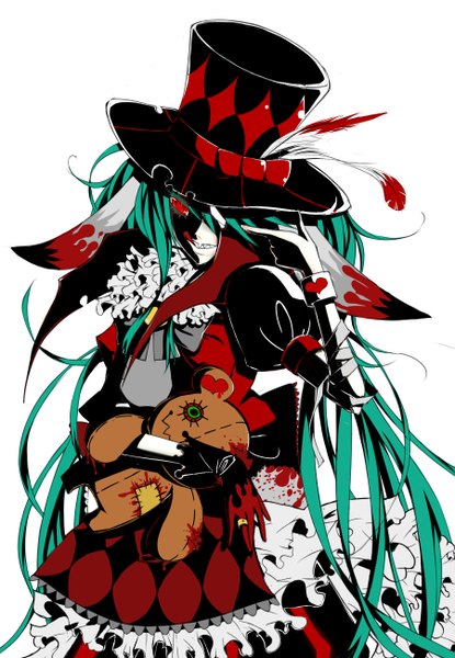 Anime picture 1800x2600 with vocaloid hatsune miku karano (artist) long hair tall image highres simple background red eyes white background twintails green hair girl dress hat