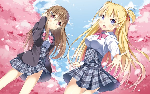 Anime picture 1920x1200 with koi suru kanojo no bukiyou na butai togawa mayuu alice third macy taiyaki (astre) long hair looking at viewer blush highres open mouth blonde hair smile brown hair multiple girls blue hair pink hair two side up cherry blossoms plaid skirt girl skirt
