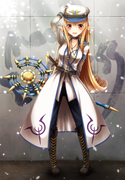 Anime picture 661x950 with dungeon and fighter mage (dungeon and fighter) mage (335656) single long hair tall image blush open mouth smile red eyes standing pointy ears orange hair leaning piercing happy ear piercing snowing lacing arm behind back