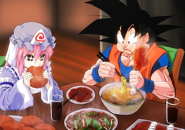 Anime picture 1500x1052 with dragon ball dragon ball z touhou saigyouji yuyuko son goku kamishima kanon fringe short hair black hair holding brown eyes pink hair traditional clothes black eyes wide sleeves eyebrows eating muscle + + food on face