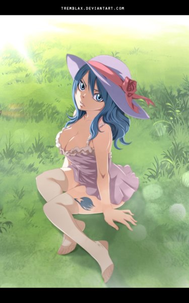 Anime picture 625x1000 with fairy tail juvia lockser tremblax single long hair tall image breasts blue eyes light erotic sitting blue hair sunlight tattoo coloring letterboxed girl thighhighs dress plant (plants) hat