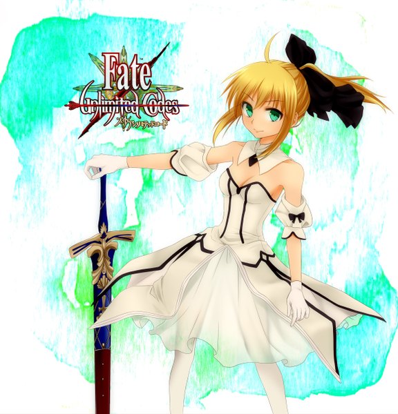 Anime picture 2328x2428 with fate (series) fate/stay night fate/unlimited codes studio deen type-moon artoria pendragon (all) saber saber lily fujimura gomaten single tall image highres blonde hair green eyes ahoge girl dress gloves bow weapon