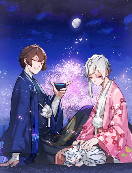 Anime picture 1462x1920 with bungou stray dogs studio bones dazai osamu (bungou stray dogs) nakajima atsushi kitsune (pixiv5601263) tall image looking at viewer short hair open mouth brown hair sitting purple eyes brown eyes silver hair traditional clothes japanese clothes one eye closed night multiple boys cherry blossoms