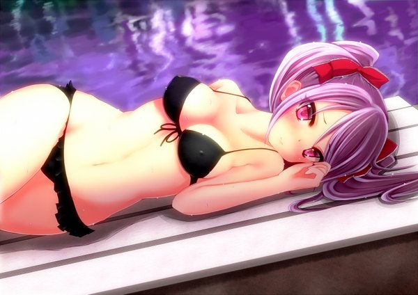 Anime picture 1500x1061 with idolmaster idolmaster cinderella girls kanzaki ranko imachi single long hair blush breasts light erotic red eyes purple hair lying girl navel bow swimsuit hair bow bikini black bikini