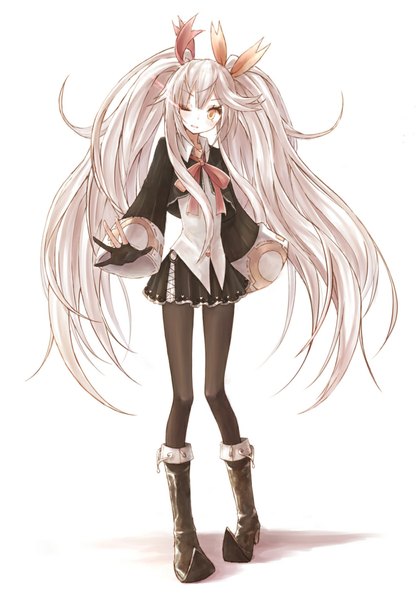 Anime picture 838x1197 with original buran (kure) single tall image looking at viewer blush simple background standing white background yellow eyes silver hair very long hair one eye closed wink wide sleeves glowing glowing eye (eyes) girl bow hair bow