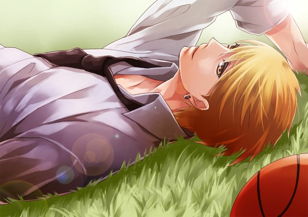 Anime picture 1100x778 with kuroko no basket production i.g kise ryouta cic single fringe short hair blonde hair yellow eyes lying light open collar plant (plants) earrings shirt necktie grass ball basketball ball