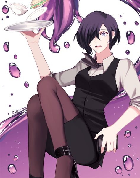 Anime picture 907x1150 with tokyo ghoul studio pierrot kirishima touka shouty-y single tall image fringe short hair open mouth black hair purple eyes signed looking away hair over one eye twisty sleeves surprised waitress girl skirt shirt