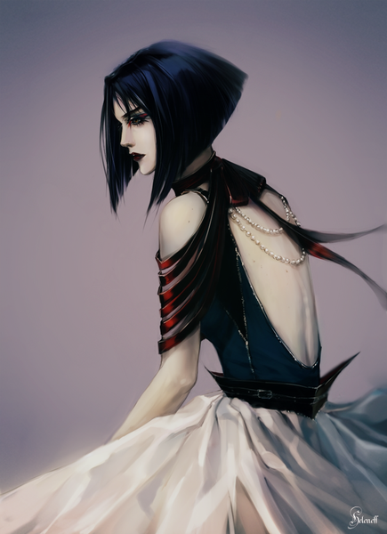 Anime picture 653x900 with original heleness single tall image short hair black hair simple background bare shoulders signed looking away profile black eyes realistic lipstick bare back pale skin purple background girl