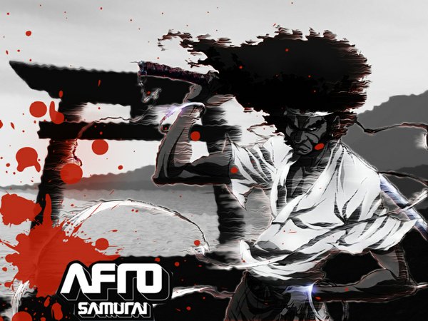 Anime picture 1024x768 with afro samurai single black hair inscription afro boy weapon sword bracelet katana blood