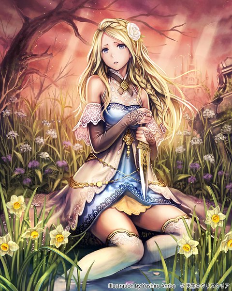 Anime picture 800x1000 with original anbe yoshirou single long hair tall image looking at viewer blue eyes blonde hair bare shoulders hair flower scared girl thighhighs dress hair ornament flower (flowers) weapon plant (plants) white thighhighs tree (trees)