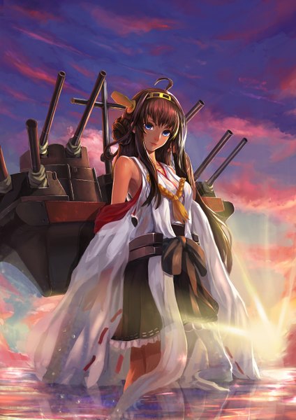Anime picture 2000x2828 with kantai collection kongou battleship zhujun0431 single long hair tall image looking at viewer highres blue eyes brown hair sky ahoge traditional clothes japanese clothes sunlight evening sunset nontraditional miko girl skirt