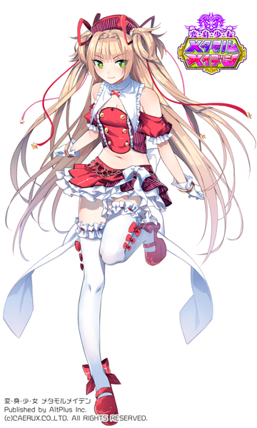 Anime picture 600x1000 with original donacoo single long hair tall image looking at viewer blush simple background blonde hair smile white background green eyes girl thighhighs dress bow ribbon (ribbons) hair ribbon white thighhighs frills