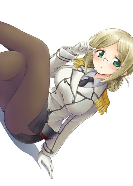 Anime picture 600x840 with kantai collection katori (kantai collection) marugoshi (54burger) single long hair tall image looking at viewer blush breasts light erotic simple background blonde hair large breasts white background sitting green eyes parted lips crossed legs leg lift (legs lift) adjusting glasses