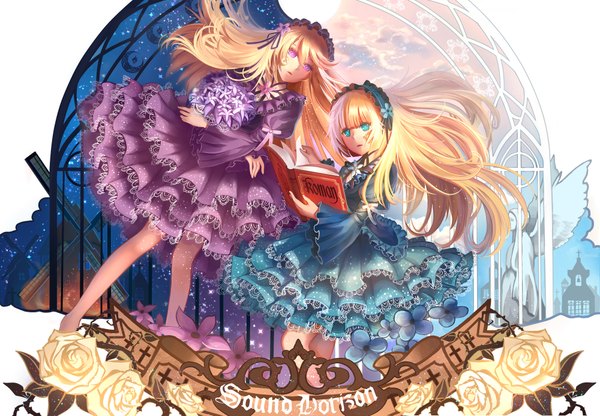 Anime picture 2000x1387 with sound horizon hortense violette hunxiao xingshuang long hair looking at viewer blush highres open mouth blue eyes blonde hair purple eyes multiple girls barefoot crossed arms girl dress flower (flowers) 2 girls headdress