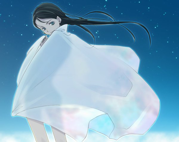 Anime picture 1044x830 with original torazou (artist) single long hair looking at viewer blue eyes black hair sky looking back light smile from behind night night sky covering transparent see-through silhouette girl star (stars)