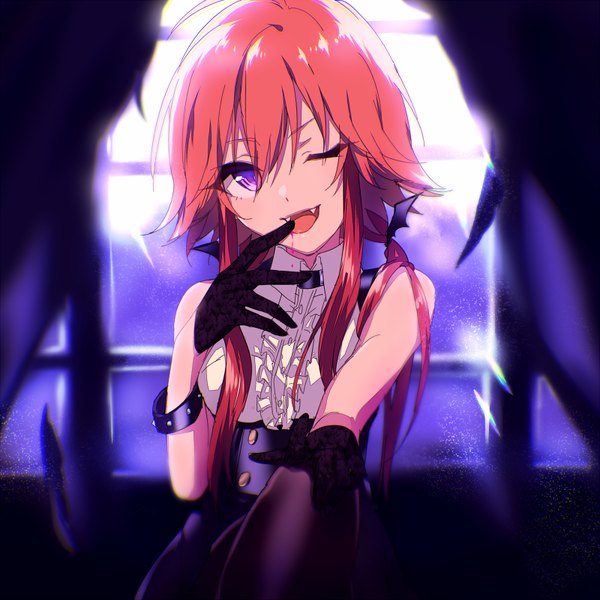 Anime picture 800x800 with idolmaster idolmaster cinderella girls ninomiya asuka noda (yncoon) single long hair looking at viewer fringe open mouth hair between eyes purple eyes bare shoulders pink hair upper body ahoge bent knee (knees) red hair head tilt one eye closed multicolored hair