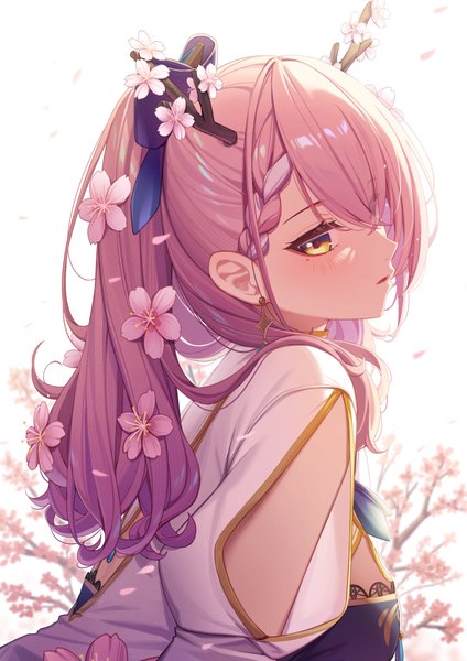 Anime picture 1736x2456 with virtual youtuber hololive hololive english ceres fauna erezu single long hair tall image looking at viewer fringe highres hair between eyes yellow eyes pink hair upper body ponytail hair flower horn (horns) mole mole under eye