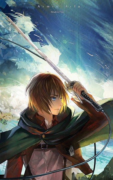 Anime picture 629x1000 with shingeki no kyojin production i.g armin arlert huize single tall image short hair blue eyes blonde hair looking away sky cloud (clouds) wind inscription open clothes open jacket boy weapon sword jacket