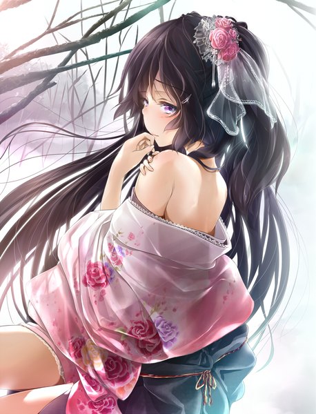 Anime picture 1510x1979 with original wingheart single long hair tall image blush black hair purple eyes bare shoulders very long hair traditional clothes japanese clothes looking back back undressing bare back girl hair ornament kimono branch