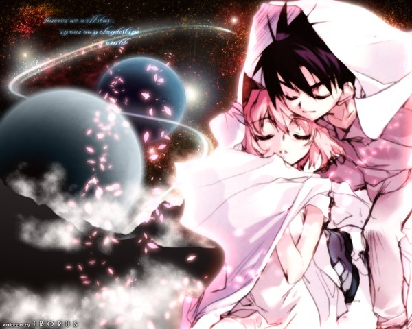 Anime picture 1280x1024 with candidate for goddess xebec kizna towryk zero enna sugisaki yukiru ikorus short hair black hair signed pink hair eyes closed space girl boy planet