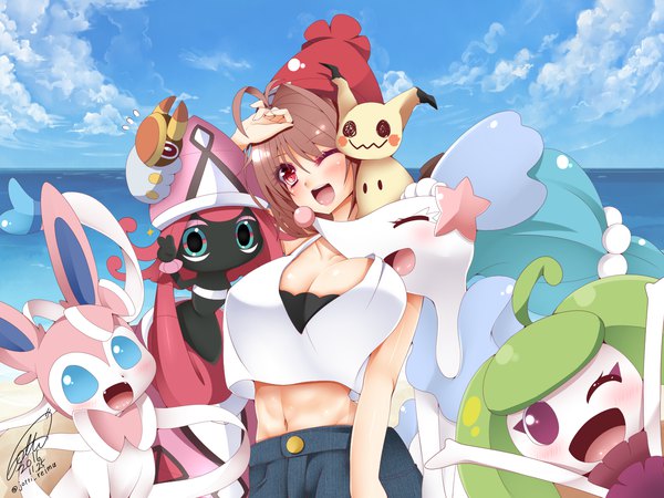 Anime picture 1333x1000 with pokemon original nintendo sylveon reimusan (jotti) mimikyu steenee primarina grubbin tapu lele jotti single long hair blush fringe breasts open mouth light erotic hair between eyes red eyes