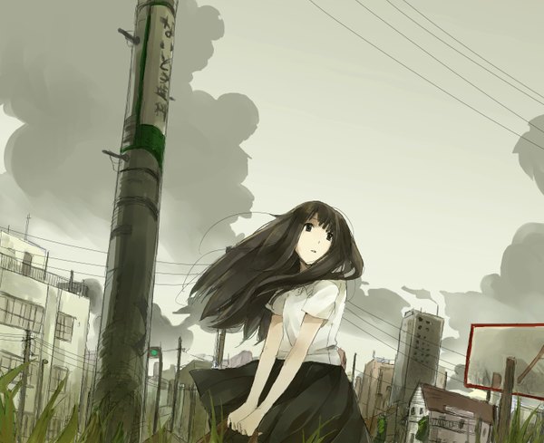 Anime picture 1470x1200 with original hanno single long hair black hair sky cloud (clouds) black eyes city girl uniform plant (plants) school uniform building (buildings) grass wire (wires)