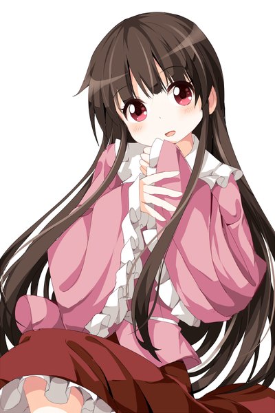 Anime picture 600x900 with touhou houraisan kaguya ruu (tksymkw) single long hair tall image looking at viewer blush fringe open mouth simple background red eyes brown hair white background wide sleeves girl frills
