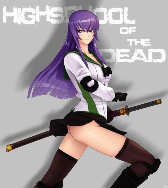 Anime picture 1250x1400 with highschool of the dead madhouse busujima saeko khalitzburg single long hair tall image looking at viewer light erotic purple eyes purple hair ass inscription legs girl thighhighs gloves weapon black thighhighs miniskirt